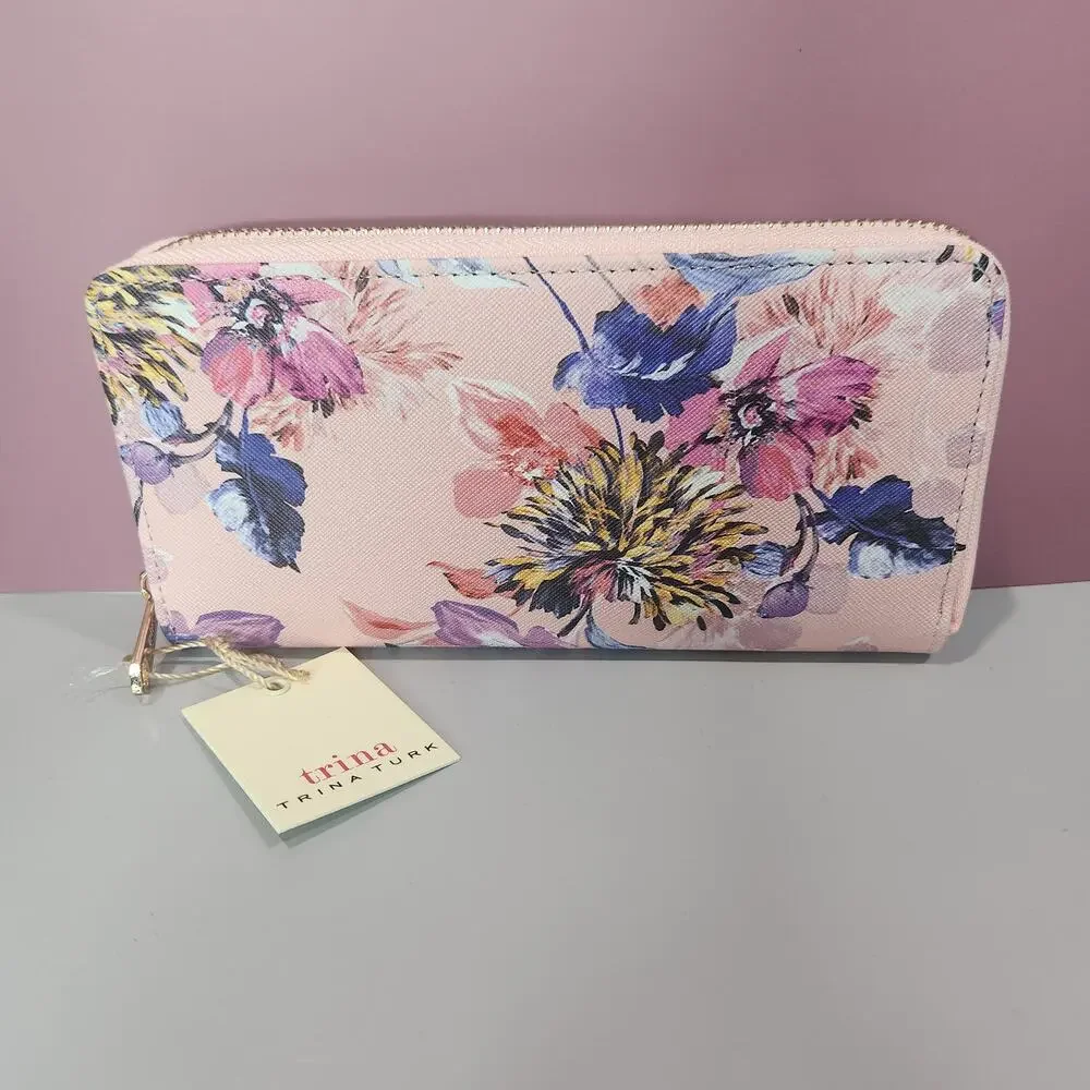 Trina‎ Turk Ligh Pink Floral Zip Around Long Wallet NIB